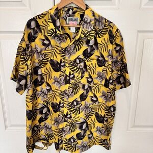 Haband Shirt Mens XL Yellow Black Floral Tropical  All Over Print Hawaii